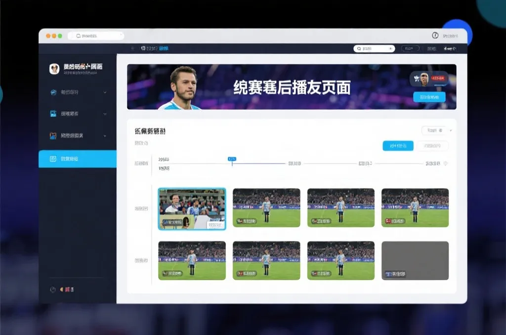 比赛结束后，电视屏幕展示集锦回放页面，旁边有时间轴和多角度切换提示